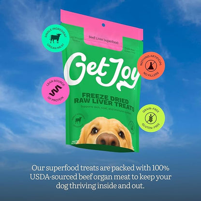 Get Joy Freeze Dried 100% Beef Liver Dog Treats, 16oz | Single Ingredient Organ Meat, High Protein Raw Dog Food Topper, Snack & Training Rewards | Grain Free, Gluten Free, Filler Free