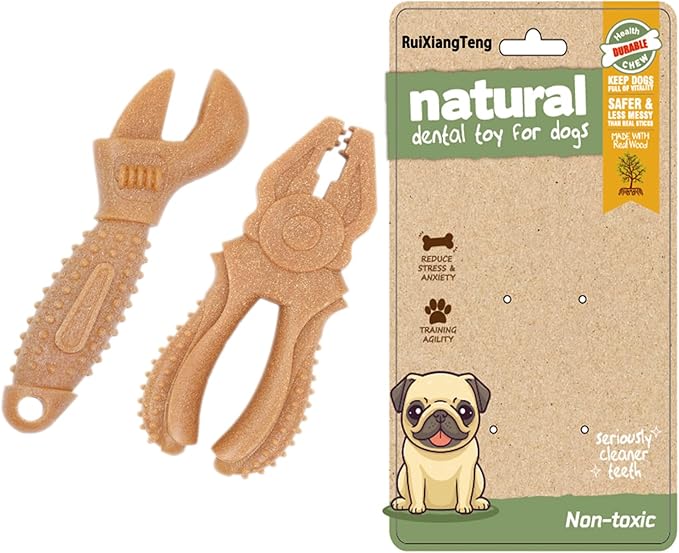 Dog Chew Toys, Aggressive chewer toy for Medium& Large dogs, Made of real pine wood and durable Food-Grade nylon, with Tool Shape Design for Dental Cleaning and Long-Lasting Chewing (brown-2 pieces)