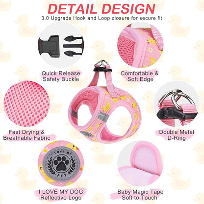 BEAUTYZOO Dog Harness Small Sized and Leash Set, Step-in Soft Padded Mesh Puppy Vest, Reflective Dog Harness No Pull No Choke, Breathable Easy Walking Vest Harnesses for Girl Boy Pets,Pink Ducks XS