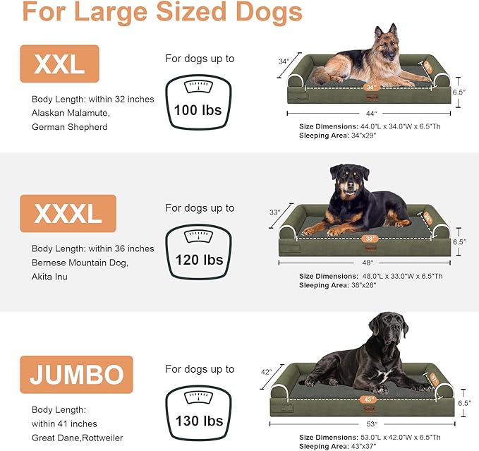 Large Dog Bed Orthopedic Washable: Beds Bolster XL Bed Large Big Dogs Memory Foam Couch Sofa Waterproof with Removable Cover - Dark Green