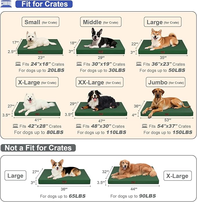 Tail Stories Outdoor Large Washable Dog Bed, Orthopedic Egg Crate Foam Dog Crate Mat for Large Dogs with Removable Oxford Cooling Cover, Dark Green