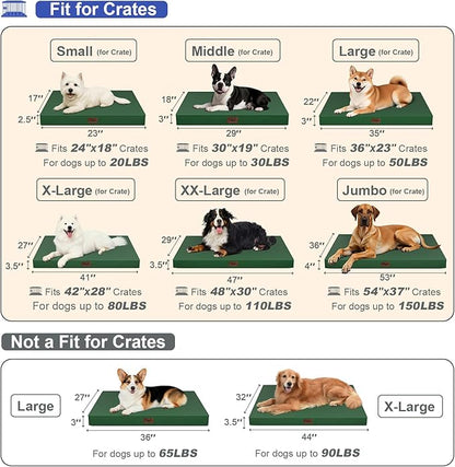 Tail Stories Outdoor Large Washable Dog Bed, Orthopedic Egg Crate Foam Dog Crate Mat for Large Dogs with Removable Oxford Cooling Cover, Dark Green