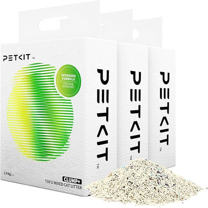 PETKIT Upgraded Clump+ Tofu Mixed Cat Litter, Water Flushable,Ultra Absorbent and Fast Drying, 100% Natural Ingredients Clumping Litter, Dust-Free Low Tracking Bentonite Litter (5.29lb×3bags)