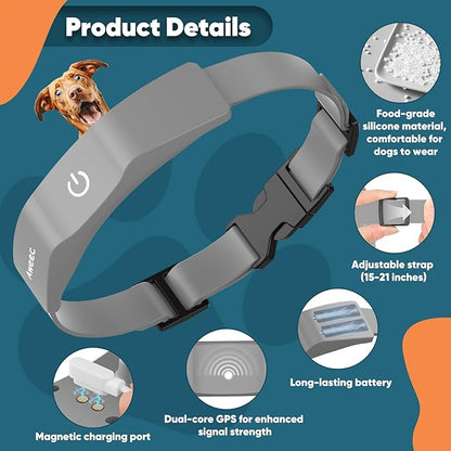 GPS Wireless Dog Fence with Free App, Electric Fence System with Training Collar, Portable Fence for Outdoor Use, Rechargeable Waterproof Flexiable Collar, Adjustable for Large Medium Dogs (Grey)