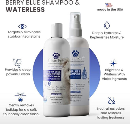 Lillian Ruff PRO Formula Berry Blue Brightening Dog Shampoo + Blueberry Waterless Dog Shampoo - Professional Whitening, Tear Stain Remover & No-Rinse Hydrating Odor Control, Aloe+Coconut Oil, USA Made