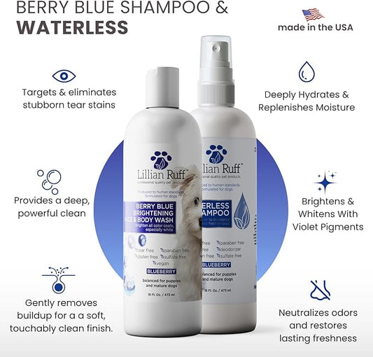Lillian Ruff PRO Formula Berry Blue Brightening Dog Shampoo + Blueberry Waterless Dog Shampoo - Professional Whitening, Tear Stain Remover & No-Rinse Hydrating Odor Control, Aloe+Coconut Oil, USA Made