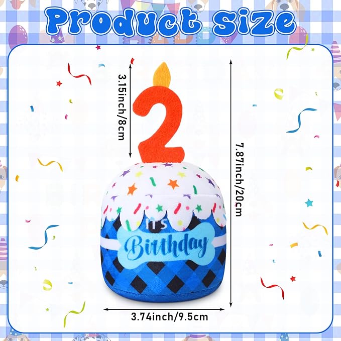 Dog 2nd Birthday Cake Toy Accessories for Girl Boy Gifts, Blue Grid Squeaky Plush Toy for Dog Birthday Party Decor Favor for Large, Medium and Small Dogs