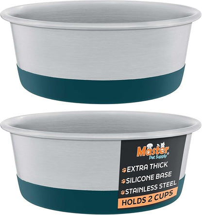 Master Pet Supply Stainless Steel Dog Bowls Set of 2 with Extra Thick Silicone Base - 2 Cup (16 oz) Emerald Sea, Non-Slip, Dishwasher Safe Metal Bowls, Pet Dog Food Bowl for Dogs, Cats, Anti Rust
