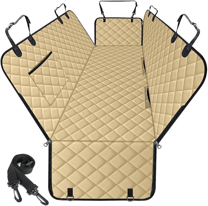 NECKORY Waterproof Dog Car Seat Cover for Back Seat - Durable, Scratch Proof Pet Hammock with Nonslip Design & Storage Pockets, Fits Cars, SUVs, Trucks - L, Khaki/Black