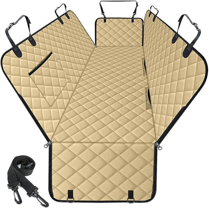 NECKORY Waterproof Dog Car Seat Cover for Back Seat - Durable, Scratch Proof Pet Hammock with Nonslip Design & Storage Pockets, Fits Cars, SUVs, Trucks - L, Khaki/Black