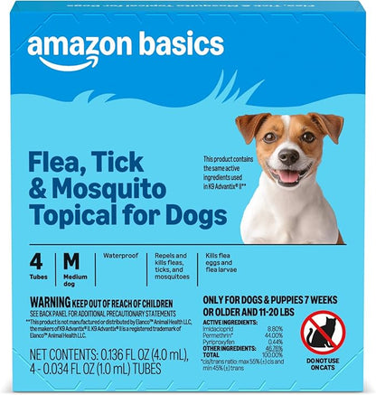 Amazon Basics Preventative Flea, Tick & Mosquito Topical Treatment for Medium Dogs (11-20 Pounds), 4 Count, Packaging May Vary
