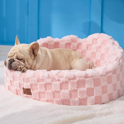 Joydeco Cloud Dog Bed for Small Dogs & Cats, Washable Pet Bed with Orthopedic Foam and Removable Checkered Plush Pad, Non-Slip Bottom for Indoor Puppies and Kittens, 27x24 Inch, Pink