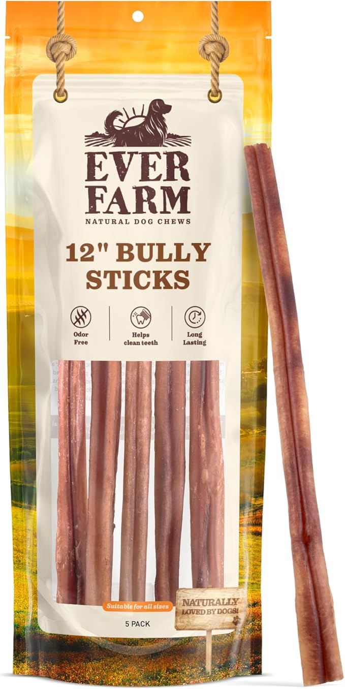 Pet Odor-Free Bully Sticks (12", 5 Pack) – 100% Grass-Fed Beef Pizzle Dog Chews, Fully Digestible & Long-Lasting Dental Treats