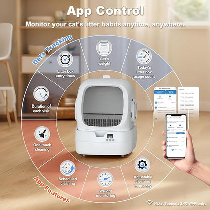 Mintakawa Automatic Cat Litter Box Self Cleaning - APP Control and Weight Monitoring - Ultra-Quiet, Suitable for Medium Cats and Kittens, Safe Anti-Pinch Litter Box (Assembly Required) -White