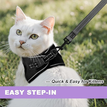 Cat Harness and Leash Set,Escape Proof Kitten Harness,Step in Adjustable Soft Lightweight,Easy Control,Reflective Strips Comfortable for Walking Travel(Black,S)