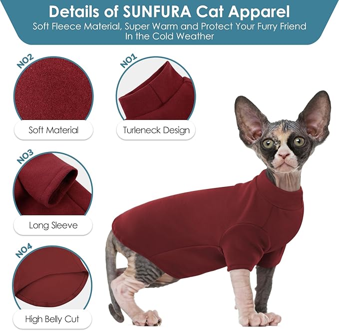 SUNFURA Turtleneck Sweater for Cat, Sphynx Hairless Cats Shirt Sweaters with Sleeves, Warm and Soft Kitten Pullover Fleece Winter Pajamas Jumpsuit for Puppy, Burgundy M