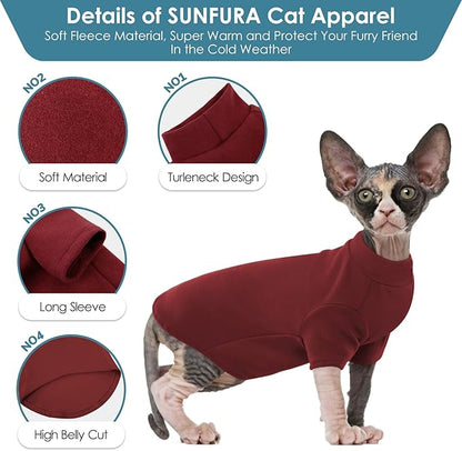 SUNFURA Turtleneck Sweater for Cat, Sphynx Hairless Cats Shirt Sweaters with Sleeves, Warm and Soft Kitten Pullover Fleece Winter Pajamas Jumpsuit for Puppy, Burgundy M