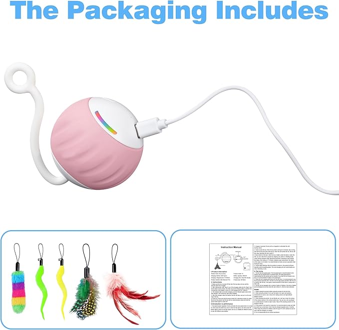 Interactive Cat Toy for Indoor (Sounds&Touch Control) Smart Cat Toys-Automatic Moving Cat Ball Toy-Fast Slow 2Speed with Feathers Tail&Lights for Kittens,Older Cats,Bored Cats,Ferret,USB Rechargeable