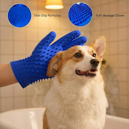 Pet Grooming & Hair Removal Gloves for Dogs & Cats, 2 Pairs Electrostatic Silicone Mitts with Soft Bristles, Enhanced 5-Finger Design for Pet Massage, Deshedding & Coat Care, Easy to Use & Clean(Blue)