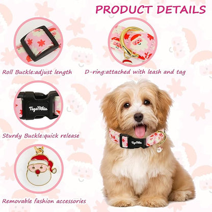 Christmas Dog Collar Small Dog Collars, Adjustable Pink Dog Collars with Jolly Santa Pattern, Cute Dog Christmas Collar for Dogs, Winter Holiday Dog Collar for Girl Boy Dogs-S