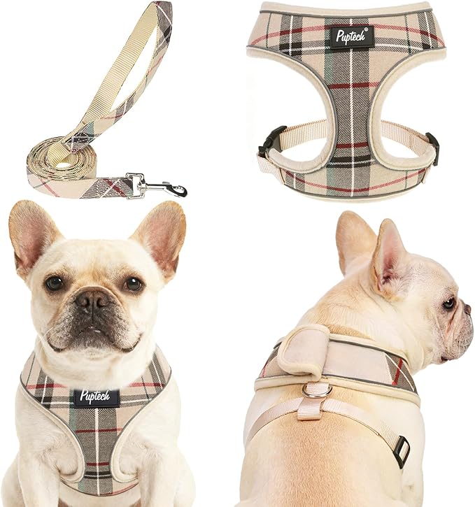 PUPTECK Soft Mesh Dog Harness Small Sized and Leash Set Pet Puppy Cat Comfort Padded Vest No Pull Harnesses, Beige Plaid, M