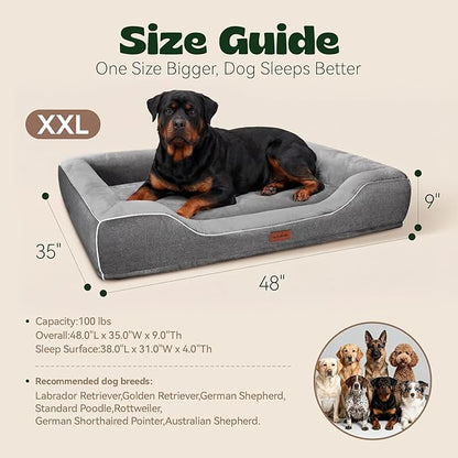 48 Inch XXL Orthopedic Dog Couch Bed for Extra Large Dogs Up to 100 lbs,Cooling Gel Memory Foam + Egg Crate Foam,Waterproof Removable Washable Cover,4-Sided Bolster,Non-Slip Bottom,Dark Grey
