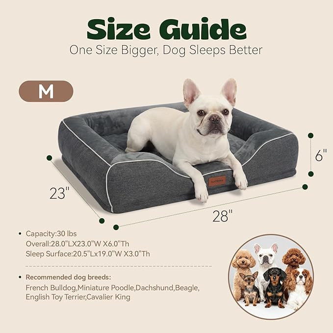 Orthopedic Cooling Dog Bed for Medium Sized Dogs Up to 30 Lbs, 28"x23"x6" Memory Foam Pet Bed with Egg-Crate Foam,Waterproof Removable Washable Cover,Anti-Slip Bottom, Relieves Joint Pain,Dark Grey