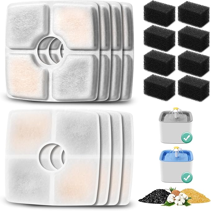 8 Pack Replacement Filters & Pre-filter Sponges for 84oz/2.5L Automatic Pet Fountain, BFLICROY Cat Water Fountain Filter, Triple Filtration Pet Fountain Replacement Filters