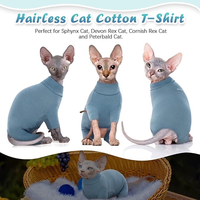 ROZKITCH Hairless Cat Jumpsuit, Breathable Soft Jumpers for Sphynx Only, Coat with Four Legs, Warm Sweater T-Shirt Pajamas Jumpsuit Vest Cornish Rex, Devon Rex, Peterbald Blue M