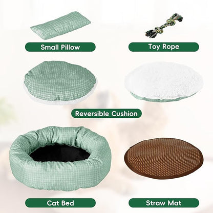 Colewin Small Cat Bed for Indoor Cats Dogs, Washable Round Donut Pet Bed for Puppies Kittens, Cute Rabbit Bunny Beds with Reversible Winter & Summer Cushion for Pets Up to 8lbs (Green)
