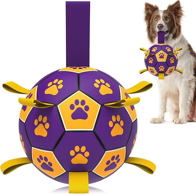 QDAN Dog Ropes Toys, Soccer Ball with Straps, Interactive Dog Toys for Tug of War, Dog Water Toy, Durable Balls for Medium Large Dogs（8 Inch）
