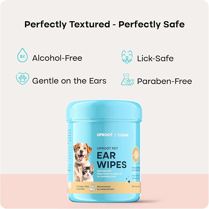Uproot Clean Cat & Dog Ear Cleaner Finger Wipes (50ct.): Disposable Dog Ear Wipes Enriched with Shea Butter & Jojoba Oil - Cleaner Removing Wax Build Up, Help with Odor Discomfort