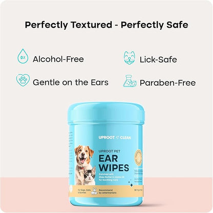 Uproot Clean Cat & Dog Ear Cleaner Finger Wipes (50ct.): Disposable Dog Ear Wipes Enriched with Shea Butter & Jojoba Oil - Cleaner Removing Wax Build Up, Help with Odor Discomfort