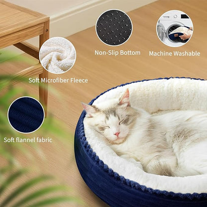 Zerbuger 23in Round Cat Dog Bed for Large Medium Small Dogs Cats, Machine Washable Sleeping Sofa, Non-Slip Bottom Breathable Soft Calming Pet Cuddler for Indoor/Outdoor/Car/Cage, Navy Blue