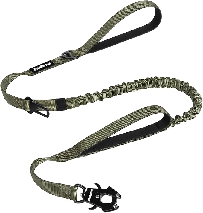 PetBonus Heavy Duty Tactical Dog Leash, 5 FT Bungee Shock Absorption Leash with 2 Padded Handles, Quick Release Metal Clip, Car Seatbelt, No Pull Training Lead for Large Medium Dogs（Army Green）