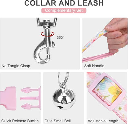 EXPAWLORER Small Dog Harness and Leash Set - Cute Puppy Harness Leash Dog Collar with AirTag Holder Silicone Case, Soft Padded Step in Pet Vest Reflective for Outdoor Walking, Floral M