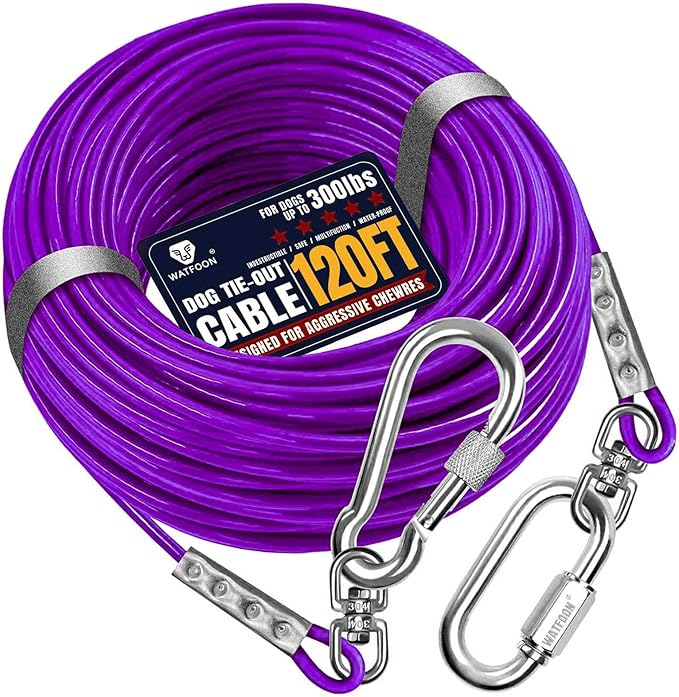 Tie Out Cable for Dogs Up to 300lbs, 120ft Extra Strong 1000lbs Break Strength Tie-Out Tether Trolley Training Lead,Dog Run Cable for Yard Garden Park Camping Outside (Purple, 300lbs 120ft)