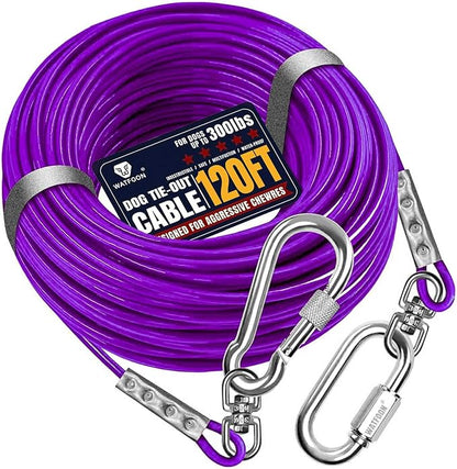 Tie Out Cable for Dogs Up to 300lbs, 120ft Extra Strong 1000lbs Break Strength Tie-Out Tether Trolley Training Lead,Dog Run Cable for Yard Garden Park Camping Outside (Purple, 300lbs 120ft)