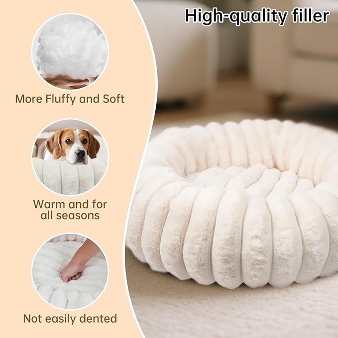 Donut Dog and Cat Bed, Luxurious Comfortable Faux Rabbit Fur Pet Beds, Soft Anti-Anxiety Calming Puppy Kitten Bed with Anti-Slip Bottom for Small Medium Dogs & Cats(23", White)