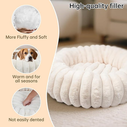 Donut Dog and Cat Bed, Luxurious Comfortable Faux Rabbit Fur Pet Beds, Soft Anti-Anxiety Calming Puppy Kitten Bed with Anti-Slip Bottom for Small Medium Dogs & Cats(23", White)