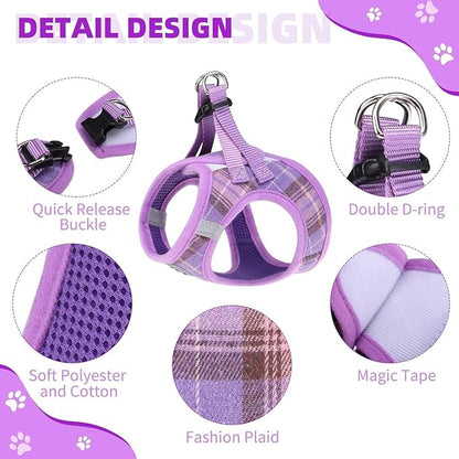 KOOLTAIL Dog Harness and Leash Set for Small Medium Dogs, Step in No Pull Soft Mesh Dog Harness Comfort Padded Pet Vest, Adjustable Reflective Easy Walking Puppy Cats Harness Training, Plaid Purple XS