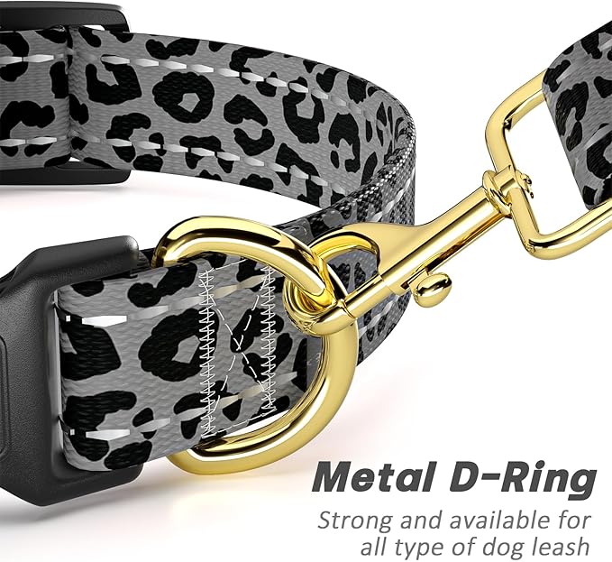 Reflective Dog Collar for Medium Dogs, Cute Leopard Style Adjustable Heavy-Duty Nylon Puppy Collar for Boy and Girl Female, Soft Pet Accessories with Quick Release Buckle, Gray