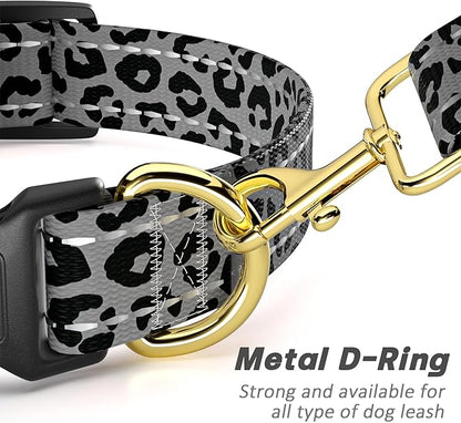 Reflective Dog Collar for Small Dogs Cats, Cute Leopard Style Adjustable Heavy-Duty Nylon Puppy Collar for Boy and Girl Female, Soft Pet Accessories with Quick Release Buckle, Gray