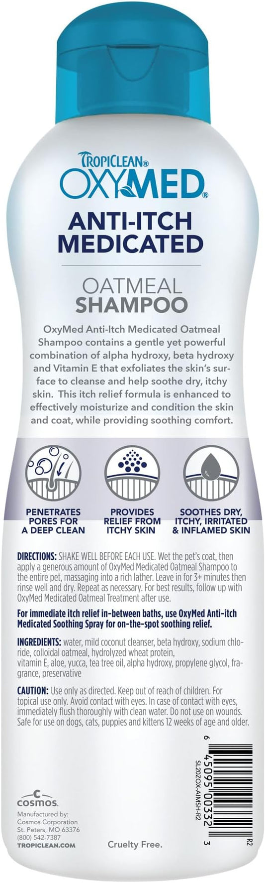 TropiClean OxyMed Dog Shampoo for Allergies and Itching , Medicated Oatmeal Shampoo for Dry Itchy Skin, Seborrhea, & Hot Spots, Cat Safe, 20oz.