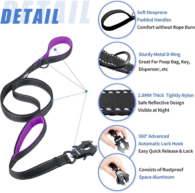 Strong Heavy Duty Dog Leash - 6ft Reflective Nylon Training Leash with Soft Padded Double Handle & Auto Lock Frog Clip - Safety Traffic Control for Large Medium Small Dogs No Pull Walk BlackPurple,6ft