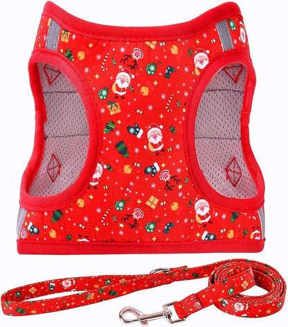 Moonpet Step in Christmas Xmas Day Dog Harness Leash Set- All Weather Reflective No-Pull Floral Pattern Padded Mesh Vest Harness for Cats Puppy Extra-Small Small Medium Large Dogs - M