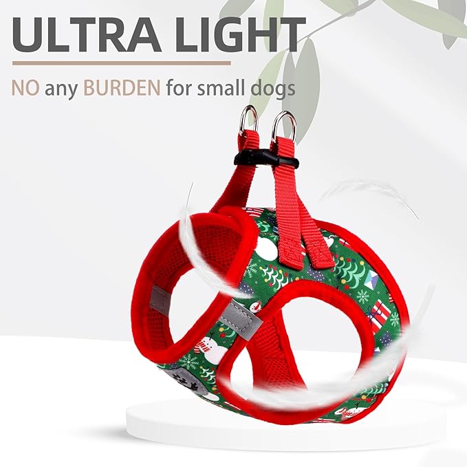 PUPTECK Adjustable Dog Harness Collar and Leash Set Step in No Pull Pet Harness for Small Medium Dogs Puppy and Cats Outdoor Walking Running, Soft Mesh Padded Reflective Vest Harnesses, Christmas, L