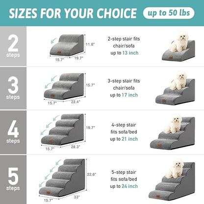 Dog Stairs for Small Dogs 11.8" H, Pet Step with Leakproof Cover, High Density Foam Cat Ramp for Chair or Sofa, Lightweight, Durable, Comfort, 15.7x19.7x11.8 inch, 2 Step, Grey