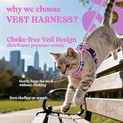 rabbitgoo Cat Harness and Leash for Walking, Escape Proof Soft Adjustable Vest Harnesses for Cats, Easy Control Breathable Reflective Strips Jacket, Pink & Purple, M
