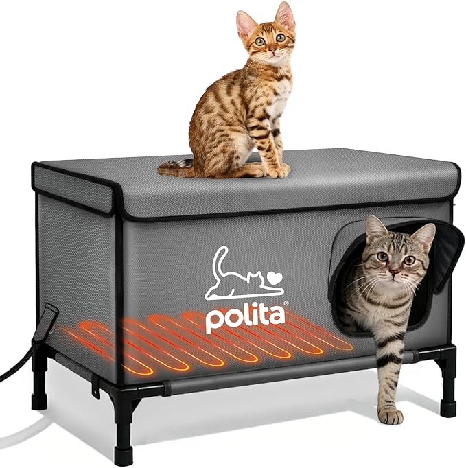 Polita Indestructible Heated Cat House for Outdoor Cats in Winter, Extremely Insulated & 100% Weatherproof, Elevated Feral Cat Shelter with Waterproof Eaves & Safe Escape Door for Stray & Barn Cats